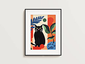 Grafika - Print Art| Černá kočka sedící u rostliny - 16401117_