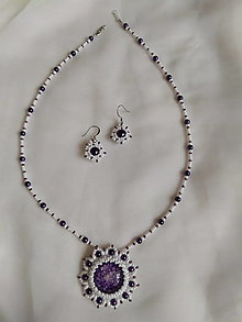 Sady šperkov - Náhrdelník+náušnice fialová-biela - 16400128_