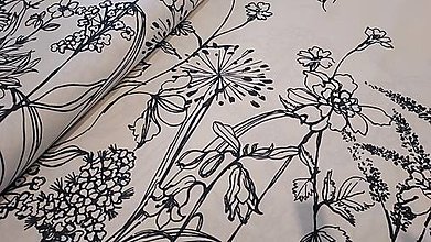 Textil - Látka ,,čierne kvetiny na bielej" - 16406166_