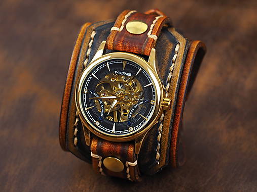 Vintage hnedo čierne kožené hodinky,remienok z pravej kože II