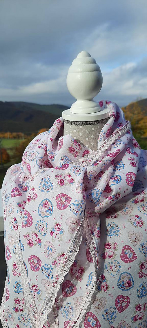 Šatky - Obrovská dámska šatka s jemne ružovou čipkou - 16407153_