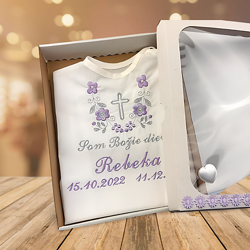 Detské oblečenie - Košieľka na krst, K14 fialová šedá v darčekovom balení - 16407822_