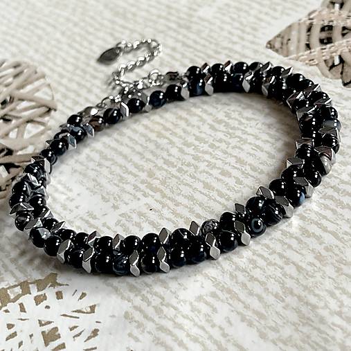 Black Agate Hematite Stainless Steel Necklace and Bracelet / Náhrdelník a náramok achát, hematit E024 (náhrdelník)