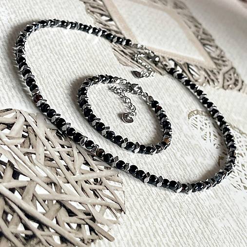 Black Agate Hematite Stainless Steel Necklace and Bracelet / Náhrdelník a náramok achát, hematit E024 (sada náramok + náhrdelník)