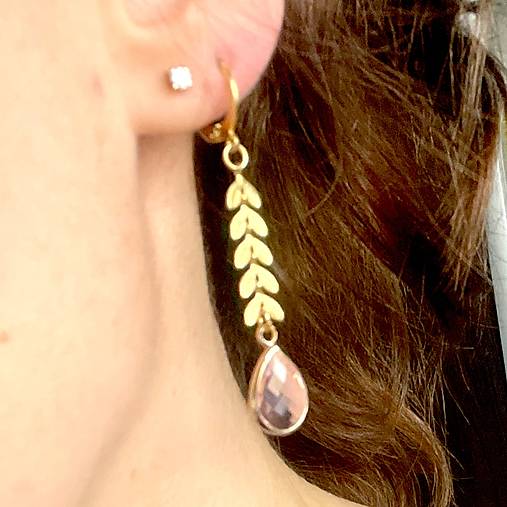 Steel Gold Earrings E024 (Pink Teardrop Steel Gold Earrings / Náušnice ružové slzy,)