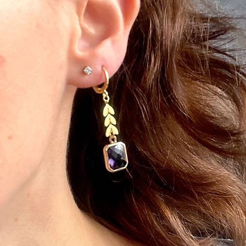 Steel Gold Earrings E024 (Purple Quartz Steel Gold Earrings / Náušnice fialové brúsené sklo,)