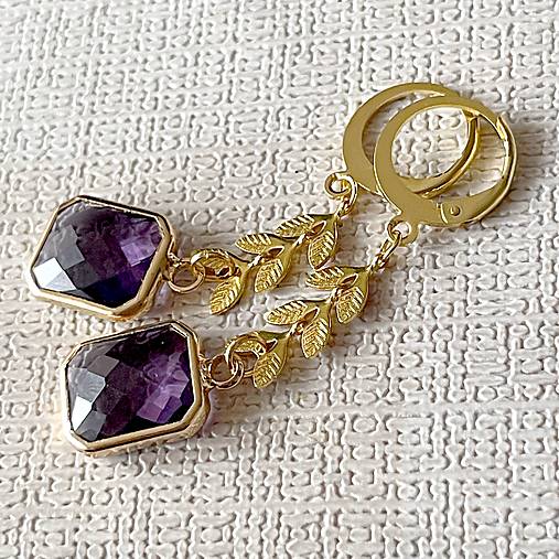 Steel Gold Earrings E024 (Purple Quartz Steel Gold Earrings / Náušnice fialové brúsené sklo,)