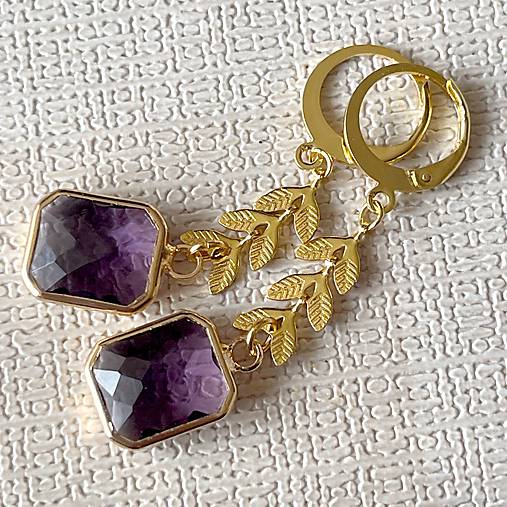 Steel Gold Earrings E024 (Purple Quartz Steel Gold Earrings / Náušnice fialové brúsené sklo,)