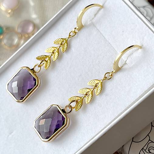 Steel Gold Earrings E024 (Purple Quartz Steel Gold Earrings / Náušnice fialové brúsené sklo,)