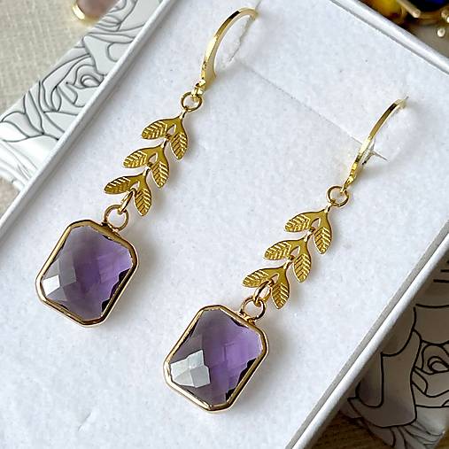 Steel Gold Earrings E024 (Purple Quartz Steel Gold Earrings / Náušnice fialové brúsené sklo,)