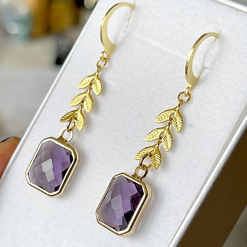 Steel Gold Earrings E024 (Purple Quartz Steel Gold Earrings / Náušnice fialové brúsené sklo,)