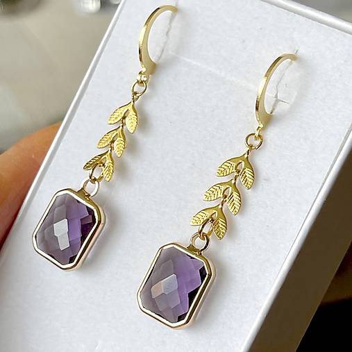 Steel Gold Earrings E024 (Purple Quartz Steel Gold Earrings / Náušnice fialové brúsené sklo,)