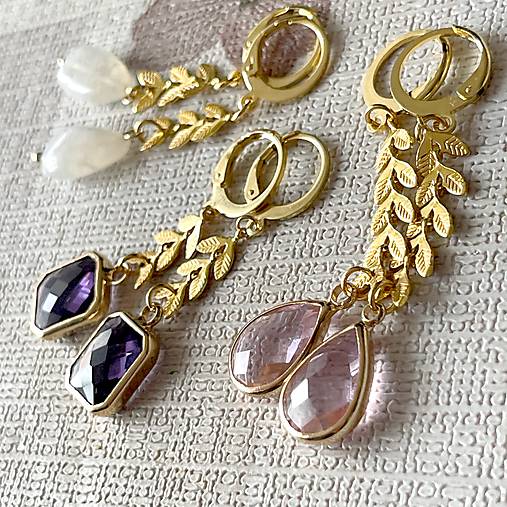 Steel Gold Earrings E024 (Purple Quartz Steel Gold Earrings / Náušnice fialové brúsené sklo,)