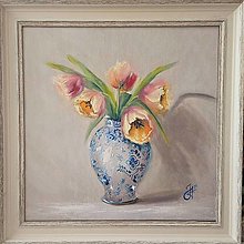 Obrazy - Obraz "Tulipány v porceláne"-olejomaľba, 40x40 cm - 16409368_