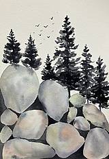 Grafika - Originál akvarel Skaly a stromy - 16415393_