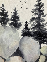 Grafika - Originál akvarel Skaly a stromy - 16415394_