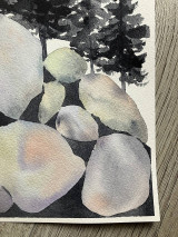 Grafika - Originál akvarel Skaly a stromy - 16415397_