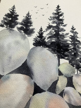 Grafika - Originál akvarel Skaly a stromy - 16415399_