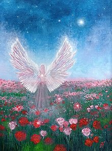 Obrazy - Obraz Anjel v ružových kvetoch - olejomaľba - 16419441_