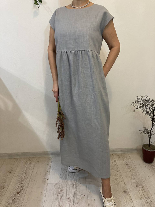 Šaty - MAXI Ľanové Šaty s Vreckami /LIGHT GRAY/ - 16418072_