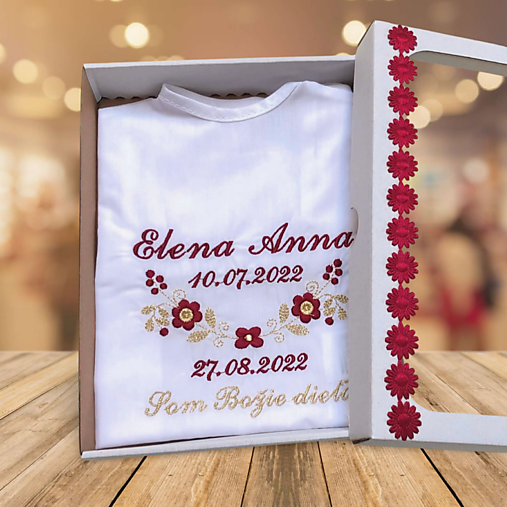 Detské oblečenie - Košieľka na krst, K09 bordová zlatá v darčekovom balení - 16419729_