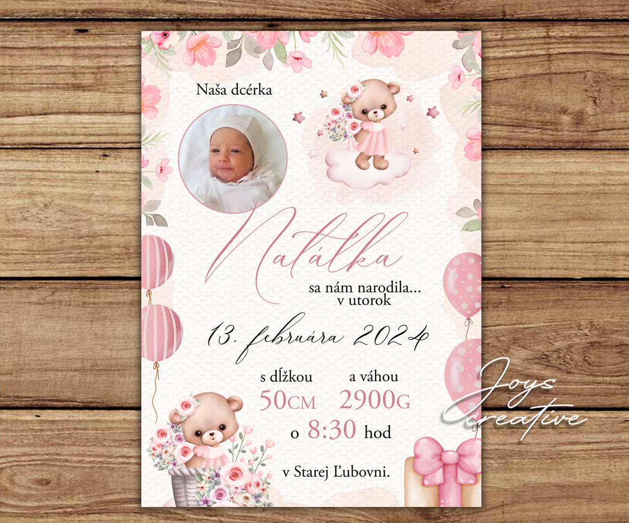 Detská tabuľka, tabuľka pre dieťa s údajmi o narodení dieťatka  (medvedík a kvety 38x27cm)