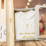 Detské oblečenie - Košieľka na krst k01 biela zaltá v darčekovom balení a sviečka na krst zlatý krížik s bielou - 16424531_