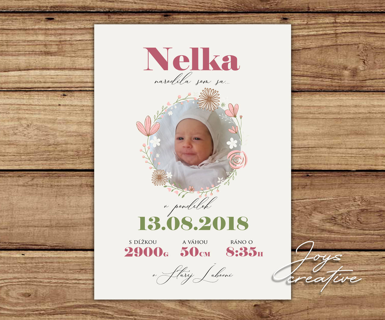 Detská tabuľka, tabuľka pre dieťa s údajmi o narodení dieťatka  (jednoduchá s fotkou v kvetinovom ráme 27x19cm)