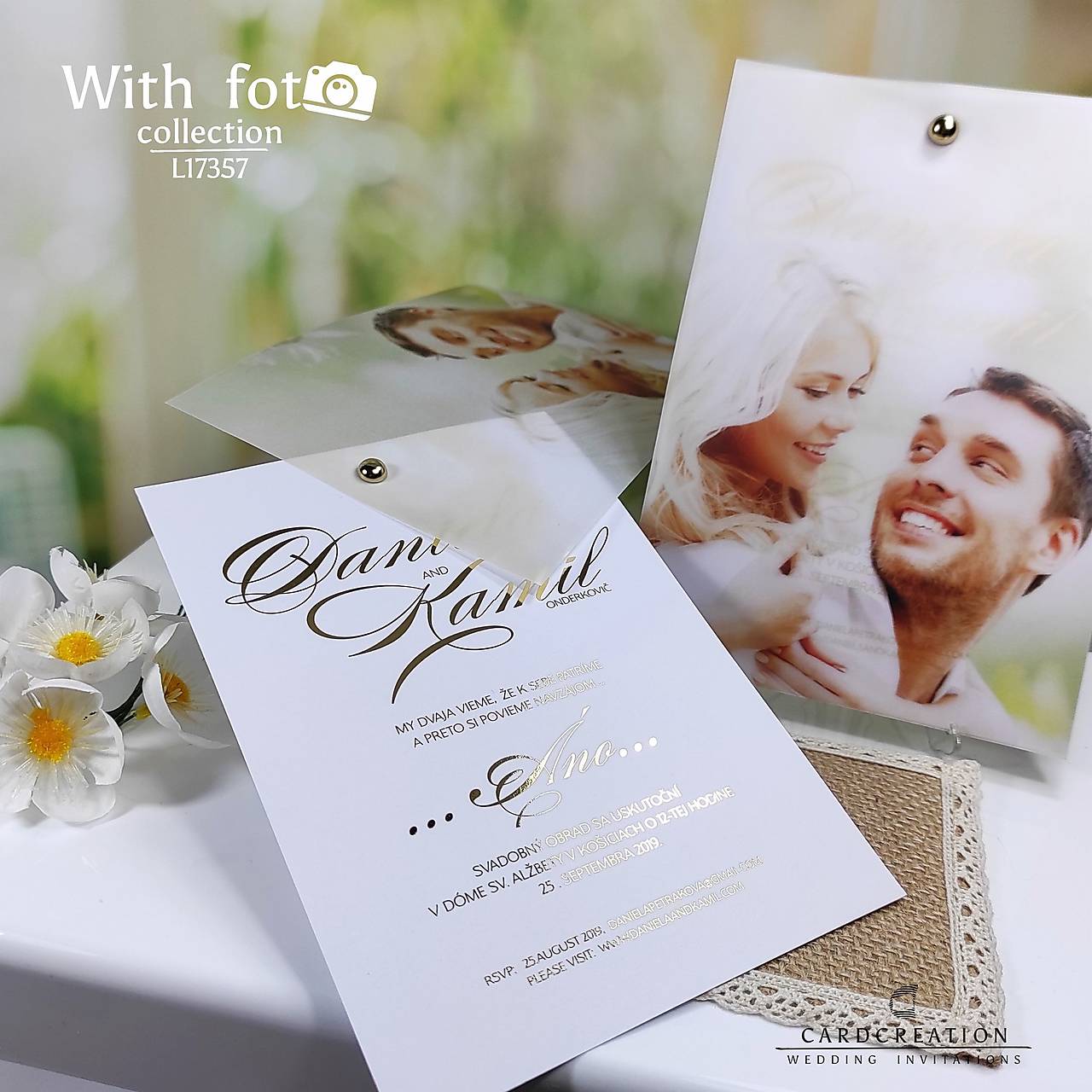 Svadobné oznámenie s fotkou zlatou tlačou 17357