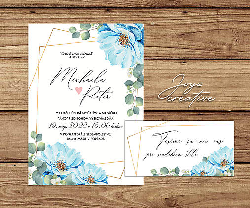 Svadobné oznámenie s modrými kvetmi a zlatým rámom, pozvánky zdarma