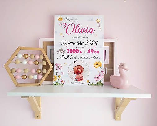  - Detská tabuľka, tabuľka pre dieťa s údajmi o narodení dieťatka (biele pozadie Princess) - 16431351_