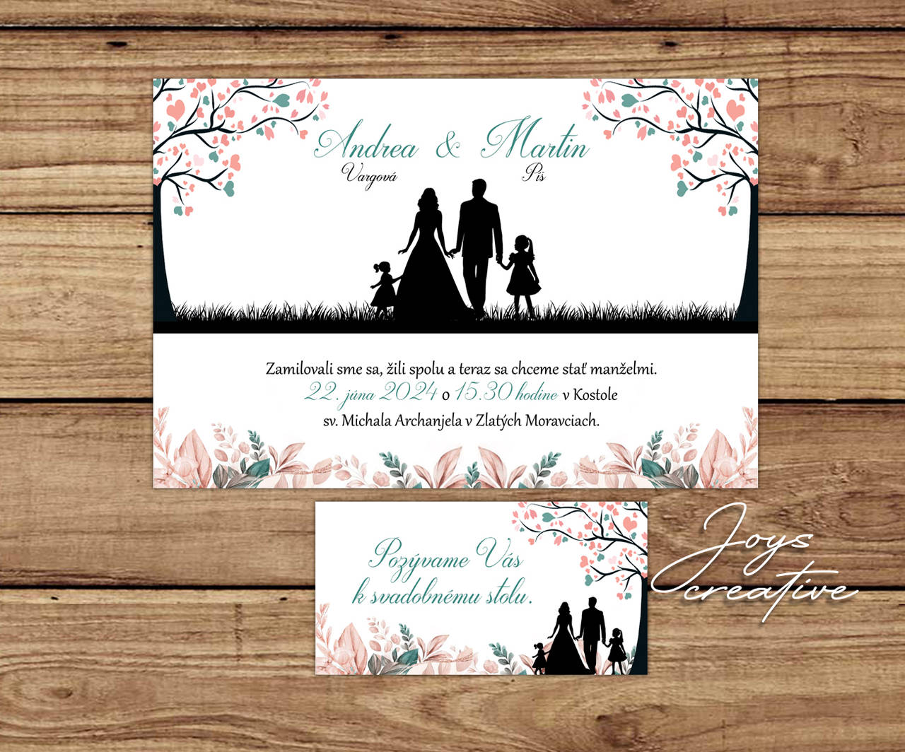 Svadobné oznámenie s deťmi so siluetami