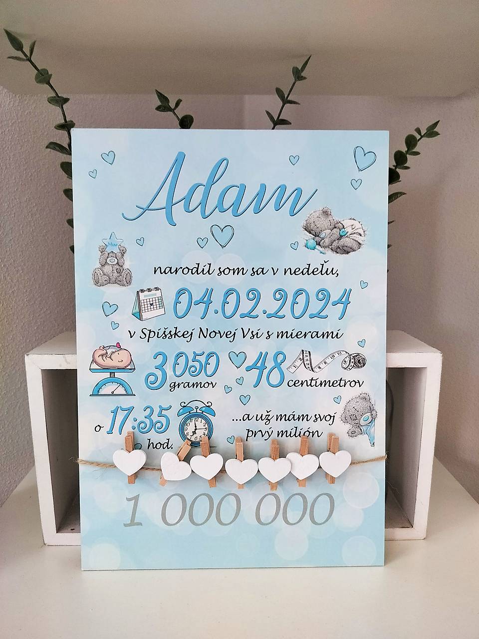Detská tabuľka, tabuľka pre dieťa s údajmi o narodení dieťatka Môj prvý milión