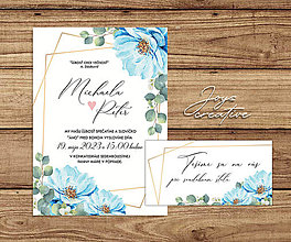 Papiernictvo - Svadobné oznámenie s modrými kvetmi a zlatým rámom, pozvánky zdarma - 16431303_