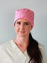 Čiapky, čelenky, klobúky - Dizajnová operačná / chirurgická čiapka kvietky na ružovej - 16434430_