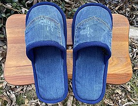 Ponožky, pančuchy, obuv - Modro-modré riflové papuče s vreckom - 16443632_