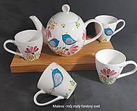 Nádoby - Čajová/kávová súprava Rozkvitnutá vtáčia na drevenom podnose - 16448923_