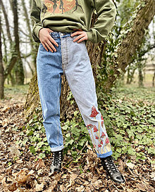 Nohavice - Ručne maľované jeansy - Muchotrávky - 16449649_