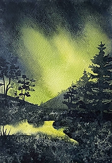 Obrazy - Akvarel  “ Severská noc “ - 16459557_