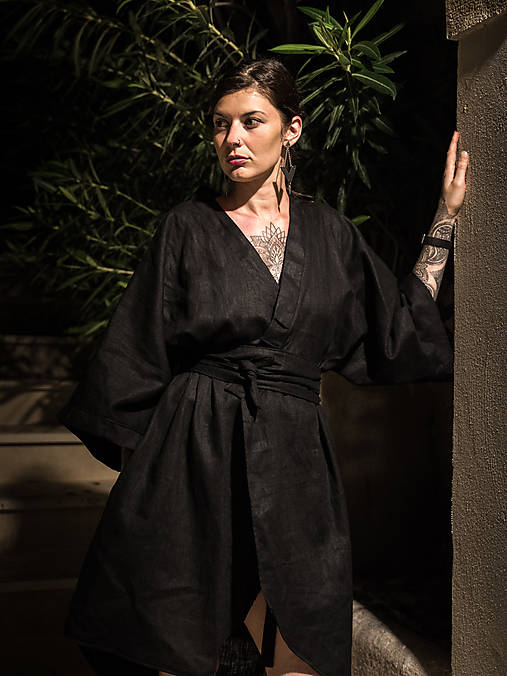 Kimono  wrap dress asimetric (100 - Čierna)