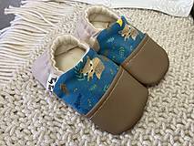 Detské topánky - Capačky hnedé zvieratká na modrej  3-6 mesiacov - 16462409_