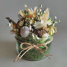 Dekorácie - Jarný aranžmán zo sušených kvetov v miske zo skla so zajačikom - 16463243_