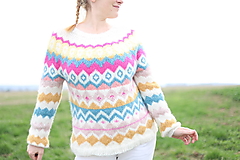 Svetre a kardigány - PRIADKA pestrý vlnený pletený sveter s nórskym vzorom - 16465180_