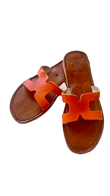 Ponožky, pančuchy, obuv - Kožené ručně šité nazouváky oranžové - 16464643_
