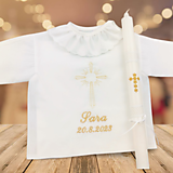 Detské oblečenie - Košieľka na krst, k16 zlatá v darčekovej krabičke + krstová sviečka zlatý krížik - 16467291_