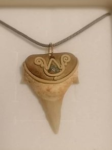 Iné šperky - Prívesok zo žraločieho zuba a unakitu - 16472502_