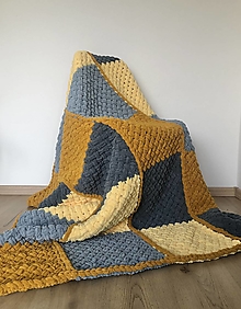 Úžitkový textil - Patchwork deka 180x110cm z Alize Puffy horčicovo-žlto-šedá - 16471330_