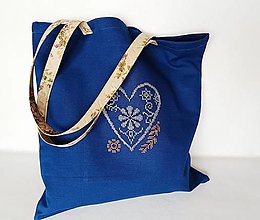 Veľké tašky - Krížikové srdiečko na modrej lanovej taške - 16476876_