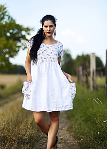 Šaty - Lněné šaty kytkové Bílé - 16491409_