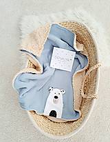 Detský textil - "Tuľkacia" mušelínová deka s mackom POLAR modrá s jemným barančekom 65x90cm - 16498538_